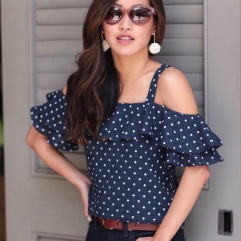 J. Crew Navy Dot Ruffled Off-Shoulder Top - Picture 5 of 8